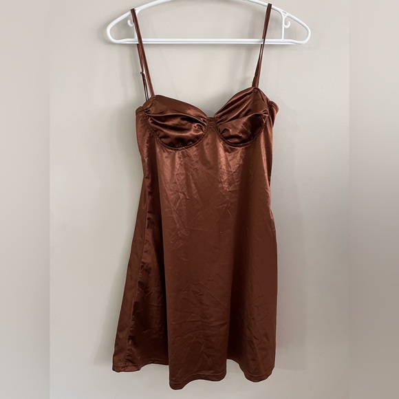 Brown silk tie in back slip dress - Picture 1 of 2